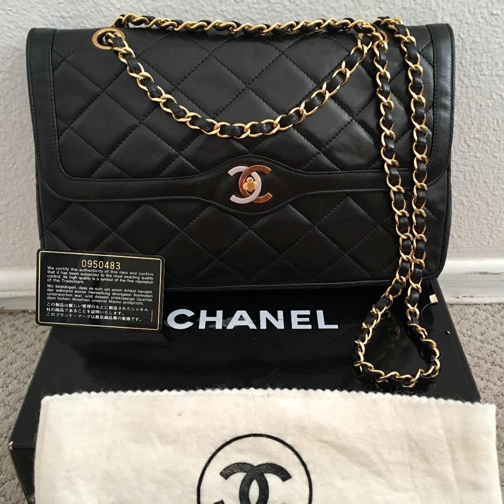 CHANEL BLACK QUILTED LAMBSKIN PARIS LIMITED DOUBLE FLAP MEDIUM BAG